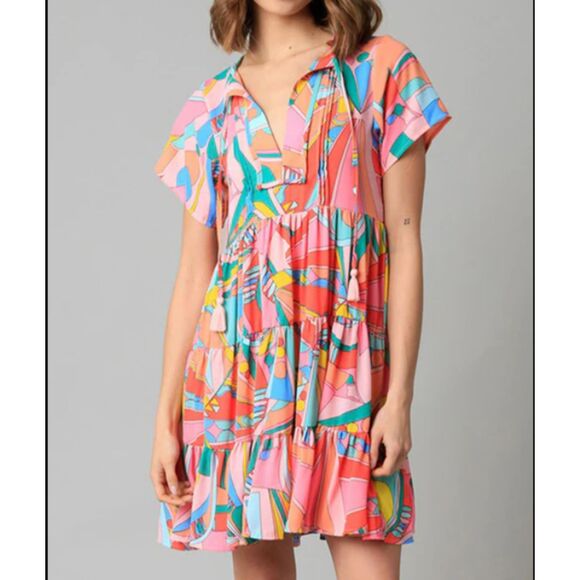 Women's Abstract Geometric Print Tassel Tie Dress | XL - Picture 5 of 8